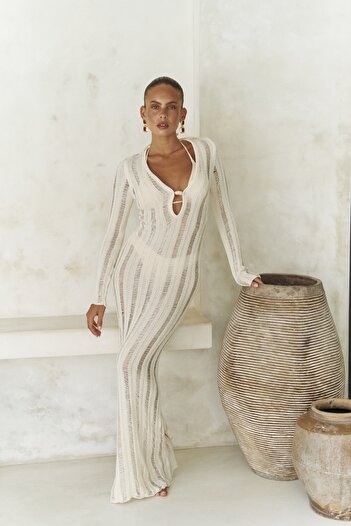 BOHEMAİ Μακρύ φόρεμα με λεπτομέρεια Anandra Beige πλεκτό