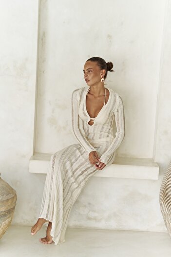 BOHEMAİ Μακρύ φόρεμα με λεπτομέρεια Anandra Beige πλεκτό