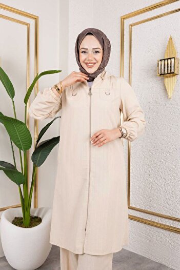 Tesettür Dünyası Pocket Detailed Zippered Suit Tsd250168 Stone Color