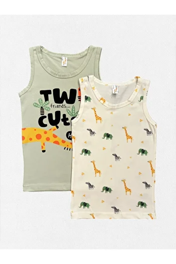 elmas kids Boy's 100% Cotton Ecru Green Color Zebra Elephant Giraffe Pattern 2-Piece Undershirt Set