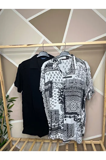 MFZ Giyim Men's Set of 2 Short Sleeve Oversize Comfortable Fit Viscose Patterned Shirt with Peacock Collar - Gray - Black