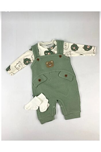 Uğur bebe Ayı desenli Erkek Bebek Tulum 3 lü Tulum seti (Zıbın Tulum çorap) 3-6-9 ay Bebek kıyafeti yeşil renk