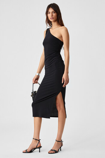GRIMELANGE Berins Women Asymmetrical Neck Regular Sleeveless Black Dress