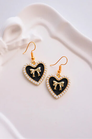 EFBUTİK Gold Black Pearl Heart Bow Imported Earrings