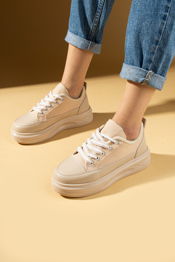 Pembe Potin Beige Women's Sports Sneaker Lace-Up Daily Comfortable Sole Shoes