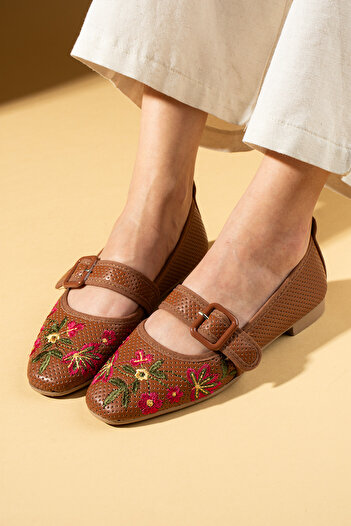 Pembe Potin Women's Ballerinas Tan Floral Embroidered Lightweight Comfortable Sole Stylish Casual Shoes