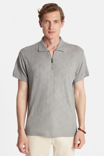 Tudors Men's Slim Fit Slim Fit Viscose Zippered Polo Neck Gray T-Shirt