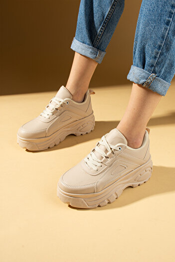 Pembe Potin Beige Women's Sports Sneaker Lace-Up Daily Thick Comfortable Sole Shoes