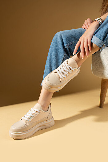 Pembe Potin Beige Women's Sports Sneaker Lace-Up Daily Comfortable Sole Shoes