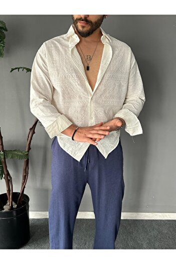 THEMANN Patterned Linen Fabric Ecru Regular Shirt