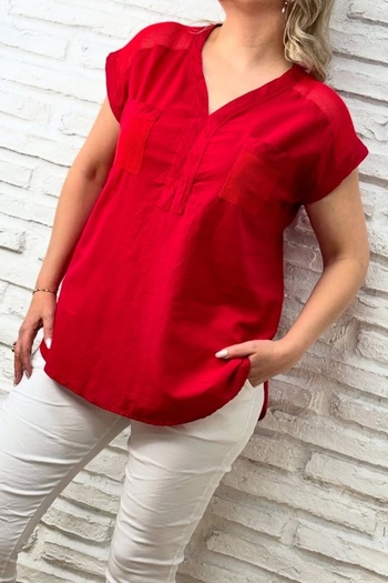 Bİ.GİYSEN Women's Red Shoulder and Pocket Mesh Detailed Washed Linen Fabric Short Sleeve Blouse Shirt