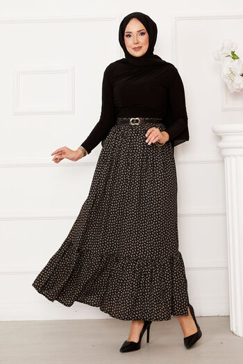 EBRUTESETTÜR Patterned Viscose Skirt with Ruffled Hem and Elastic Waist