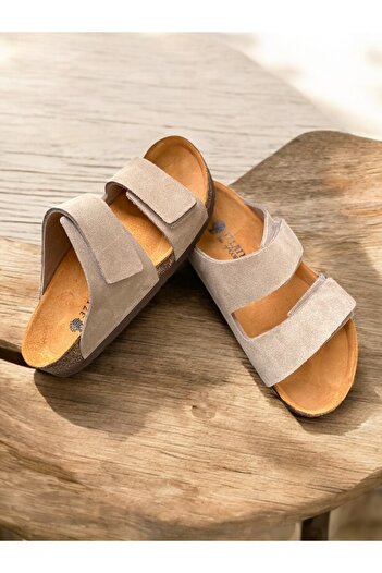 Land of Cork Unisex Γνήσιο δέρμα σουέτ, Σόλα από φυσικό φελλό, Υποστήριξη τόξου, Ρυθμιζόμενες παντόφλες Velcro