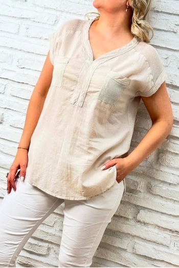 Bİ.GİYSEN Women's Beige Shoulder and Pocket Mesh Detail Washed Linen Fabric Short Sleeve Blouse Shirt