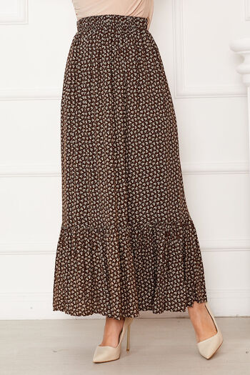 EBRUTESETTÜR Patterned Viscose Skirt with Ruffled Hem and Elastic Waist