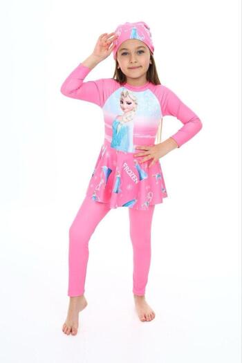 Şekerkids Girl's Pink Color Frozen Patterned Long Sleeve and Boned Jumpsuit Swimsuit