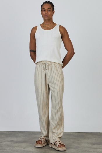 MADZEYMODA Premium Baggy Fit 100% Cotton Elastic Waist Black Striped Ecru Woven Pants Ls-23105
