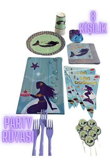partyrüyası Mermaid Themed Birthday Set for 8 People