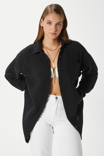 Ritnice Women's Tilda 100% Cotton Muslin Oversize Black Shirt