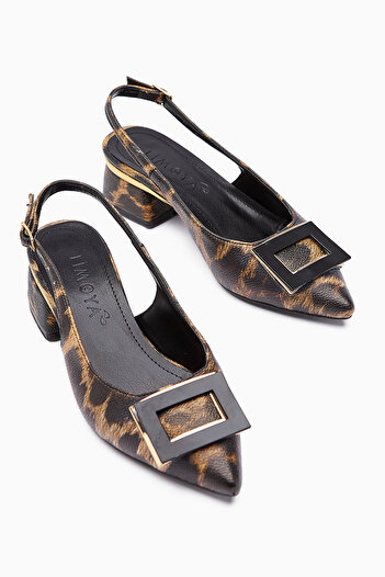 Limoya Tiana Leopard Patterned Short Heeled Shoes with Accessories, Pointed Toe Heels, Luxury Ballerinas with Open Back