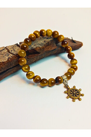 ayrestyle Natural Stone Bracelet with Tiger Eye and Ship Wheel Symbol Detail - Bracelet of Courage and Stability