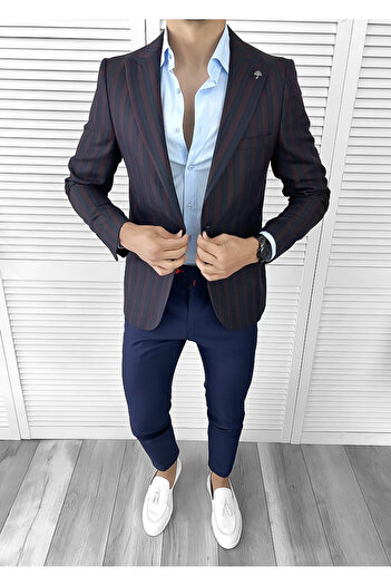 dehaine Sacou pentru barbati, slim fit, in dungi, 574, bleumarin