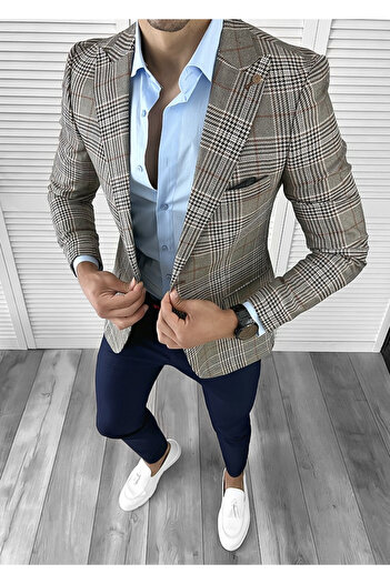 dehaine Sacou pentru barbati, slim fit, in carouri, 1041, maro