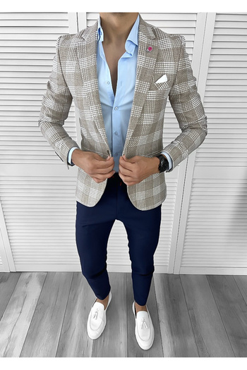 dehaine Sacou pentru barbati, slim fit, in carouri, 3094, bej