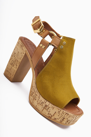 Limoya Hadel Green Suede Belted Platform Heeled Women's Sandals