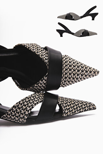 Limoya Hina Black Knitted Detailed Short Heeled Women's Sandals
