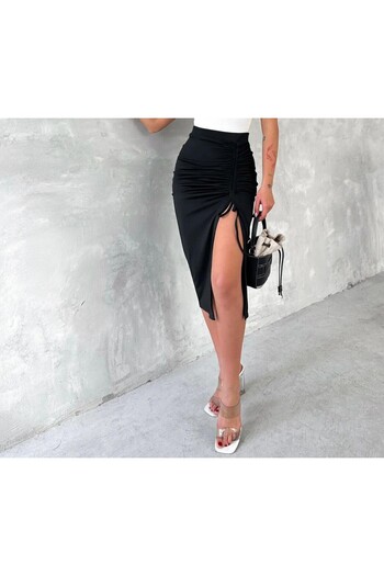 EUROMODA Women's Gathered-Adjustable Lifted Pencil Skirt with Slit