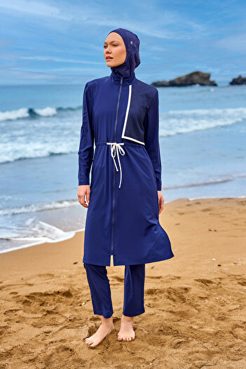 Marina Navy Blue Full Covered Hijab Swimsuit with Tulle Detail, Gathered Front Panel M2506-2