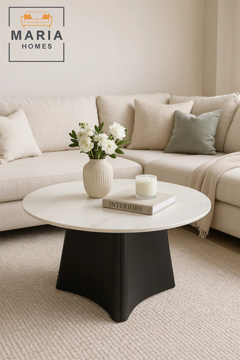 MARIA HOMES Modern marble round coffee table with matte black base 80*46