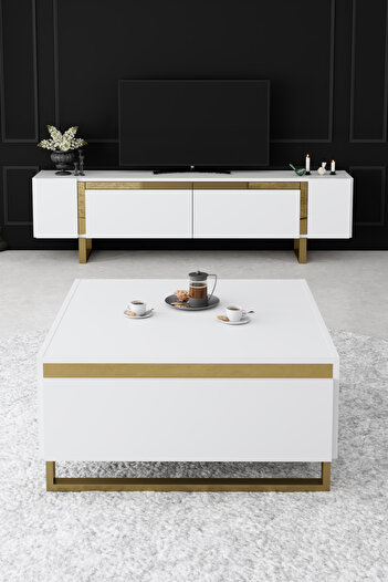 Modatte YILDIZ GOLD METAL AYAKLI GOLD TASARIM BEYAZ TV SEHPASI