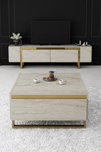 Modatte YILDIZ GOLD METAL AYAKLI GOLD TASARIM TRAVERTEN MERMER TV SEHPASI