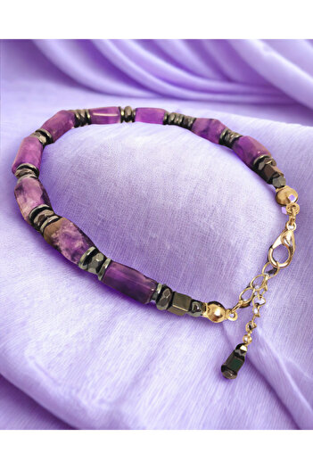 ayrestyle Amethyst Natural Stone Adjustable Cylinder Cut Bracelet - Amethyst Hematite Purple Bracelet