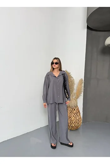 BEJNA Women's Gray Oversize Modal Shirt Pants Set