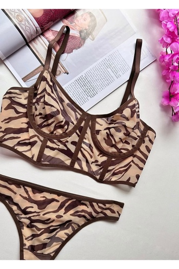 ROZENİN LINGERIE Brown Patterned Corsetless Bustier Bra Set