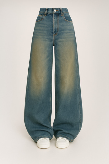 KOTOLOG Πράσινο Vintage Washed Loose Wide Leg Baggy Jean Παντελόνι Rotro