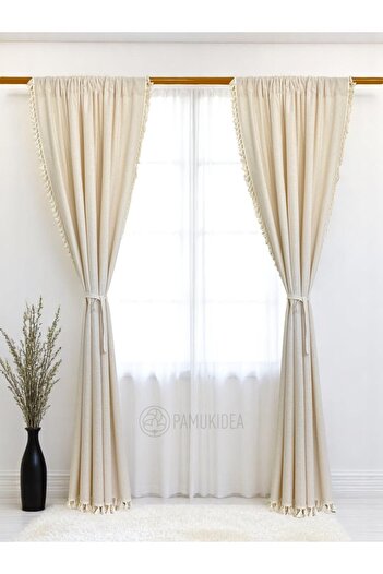 pamukidea Rustic Pocketed Cream Pompom - Tasseled 100% Cotton Buldan Linen Curtain - Single Wing - (En X Size)