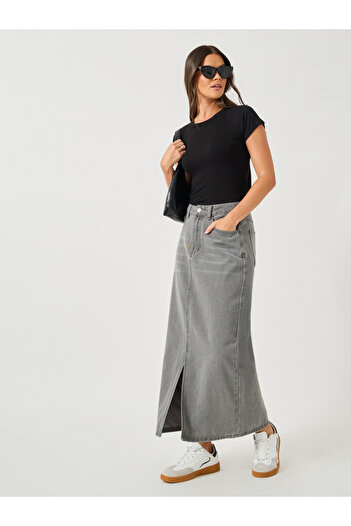 Styli Whiskered Denim A-Line Midi Skirt with Front Slit