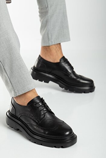 Dilimler Ayakkabı Genuine Leather Men's Classic Shoes Black Thick Sole Tied