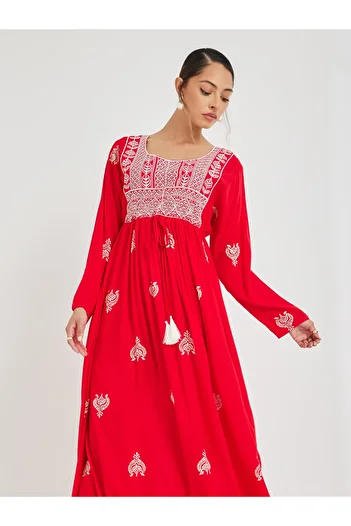 Maxim Creation By Styli Block Print Tie-Waist Jalabiya with Embroidery