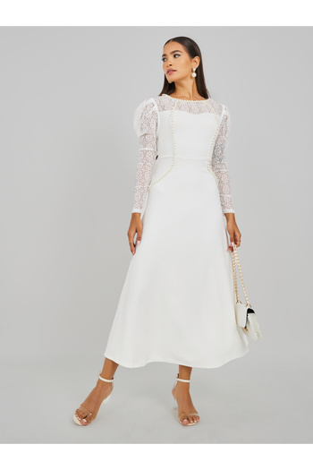 Keenly By Styli Embellished Lace Detail Long Lace Sleeve Maxi Dress
