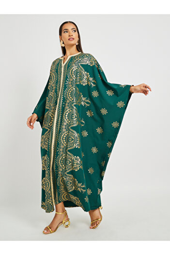 Keenly By Styli Printed Batwing Sleeve Notch Neck Kaftan
