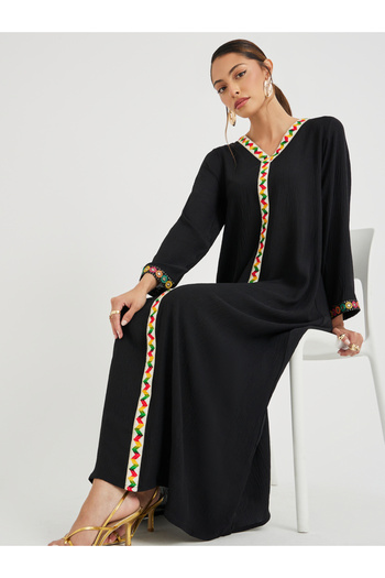 Styli Mirror Work Lace Trim V Neck Jalabiya