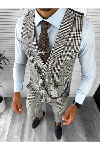 dehaine Men's Suit, Pants Plus Vest, Gray, Checkered, 12790
