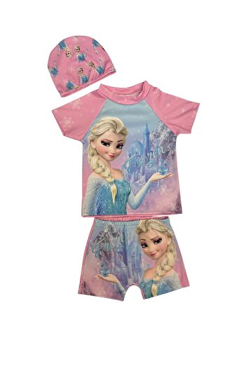 Şekerkids Girl's Pink Color Frozen Patterned T-Shirt Shorts and Bonnet Swimsuit Set