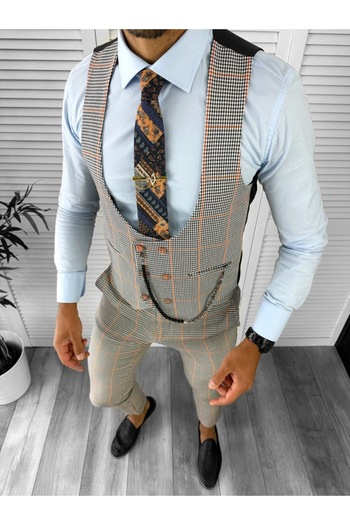 dehaine Men's Suit, Pants Plus Vest, Gray, Checkered, 12789