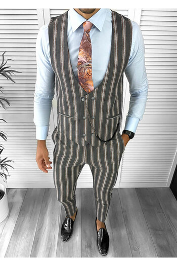 dehaine Men's suit, pants plus vest, gray, striped, B4104
